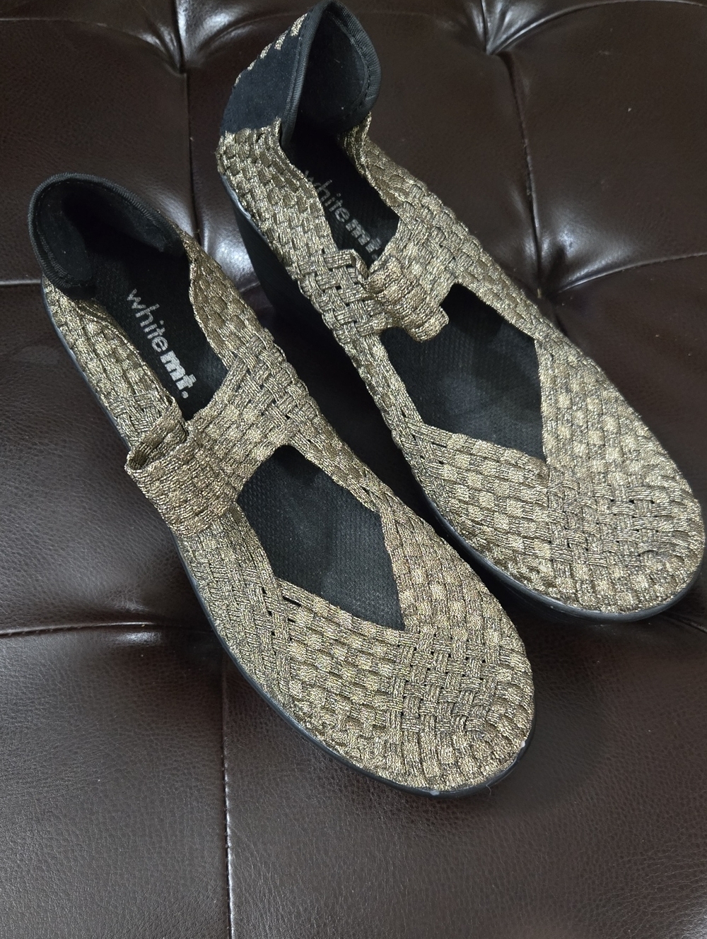 White Mountain Metallic Gold Woven Mary Jane Flats